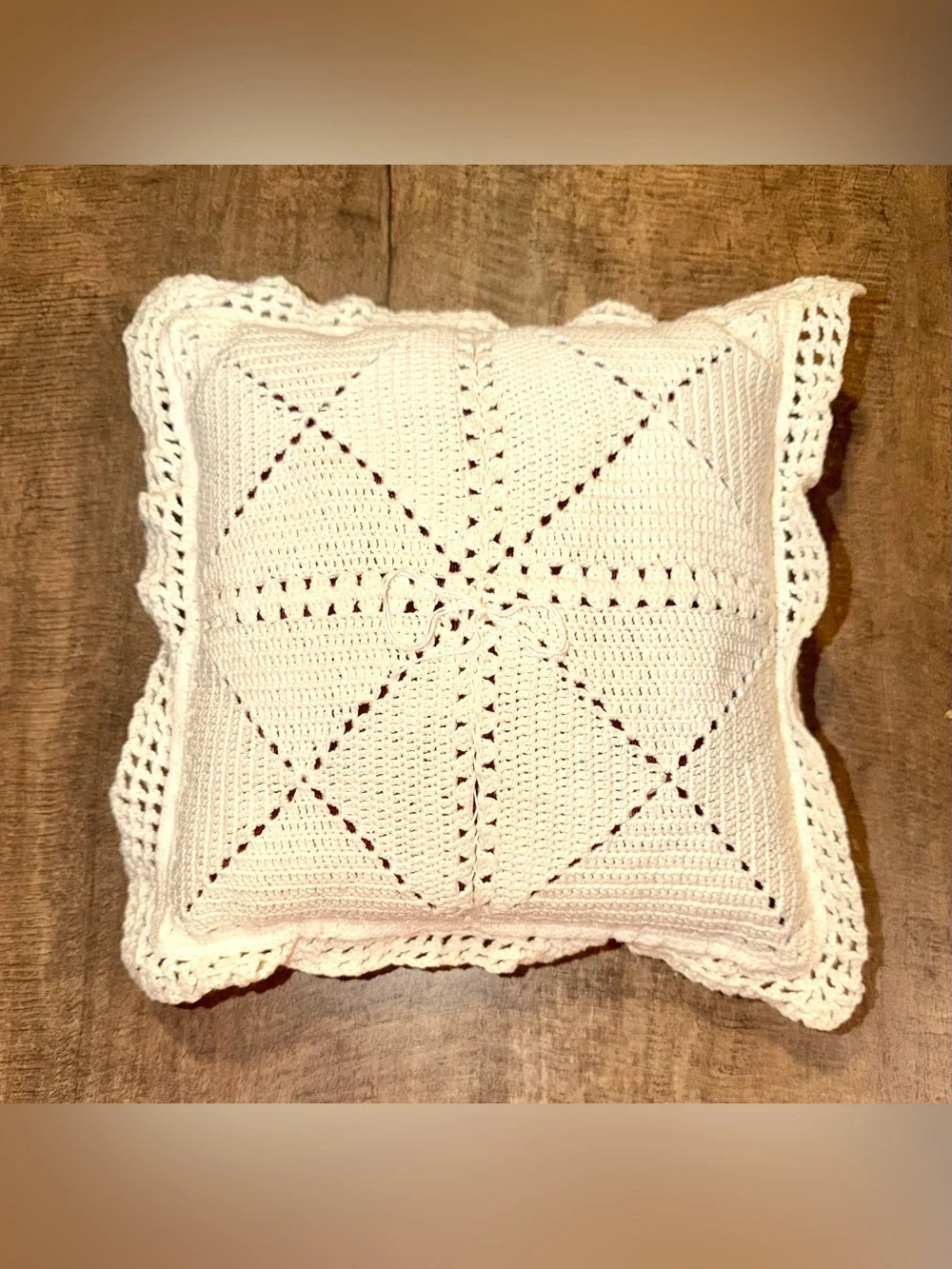Handmade Crochet Cream Floral Pillow with Burgundy Accents